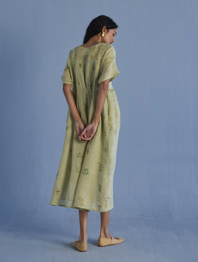 Uniko Pleated Floral Linen Dress - Mint