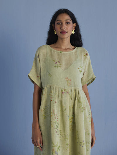 Uniko Pleated Floral Linen Dress - Mint