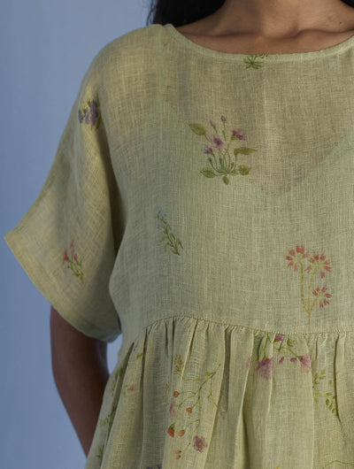 Uniko Pleated Floral Linen Dress - Mint