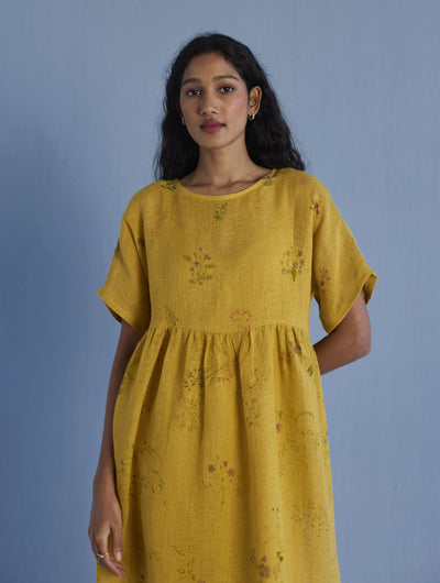 Uniko Pleated Floral Linen Dress - Ochre