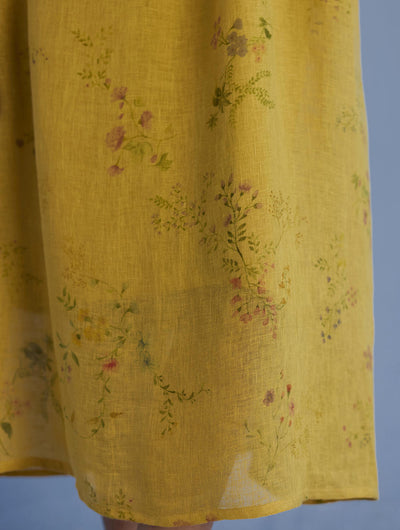 Uniko Pleated Floral Linen Dress - Ochre