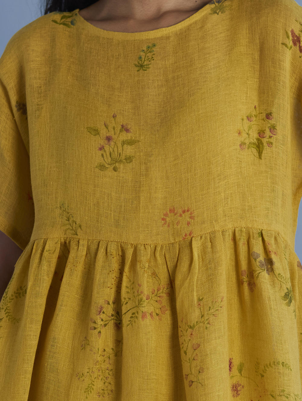 Uniko Pleated Floral Linen Dress - Ochre