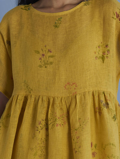 Uniko Pleated Floral Linen Dress - Ochre