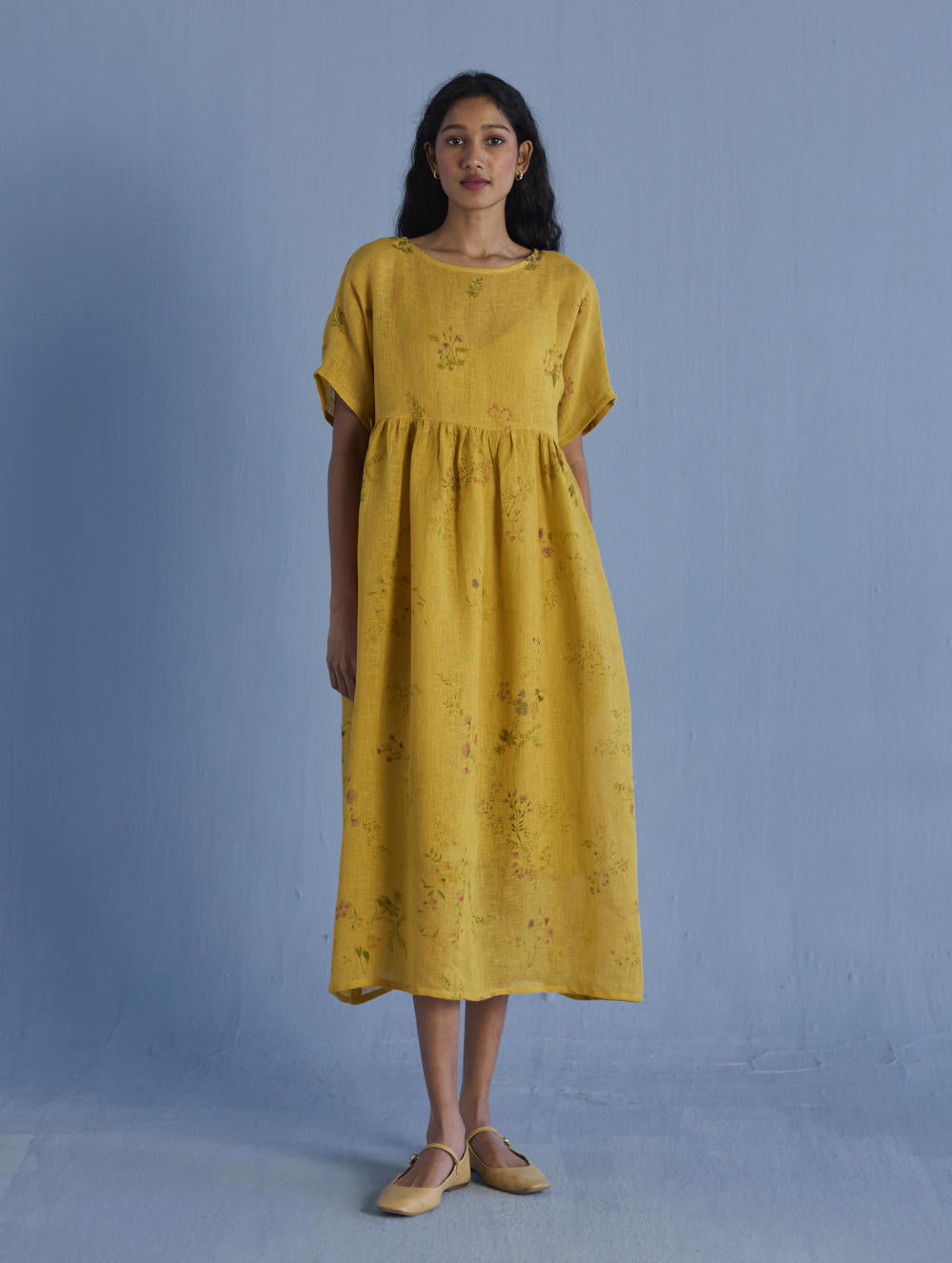 Uniko Pleated Floral Linen Dress - Ochre