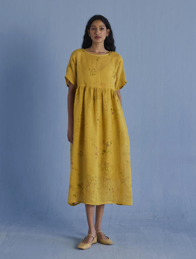 Uniko Pleated Floral Linen Dress - Ochre