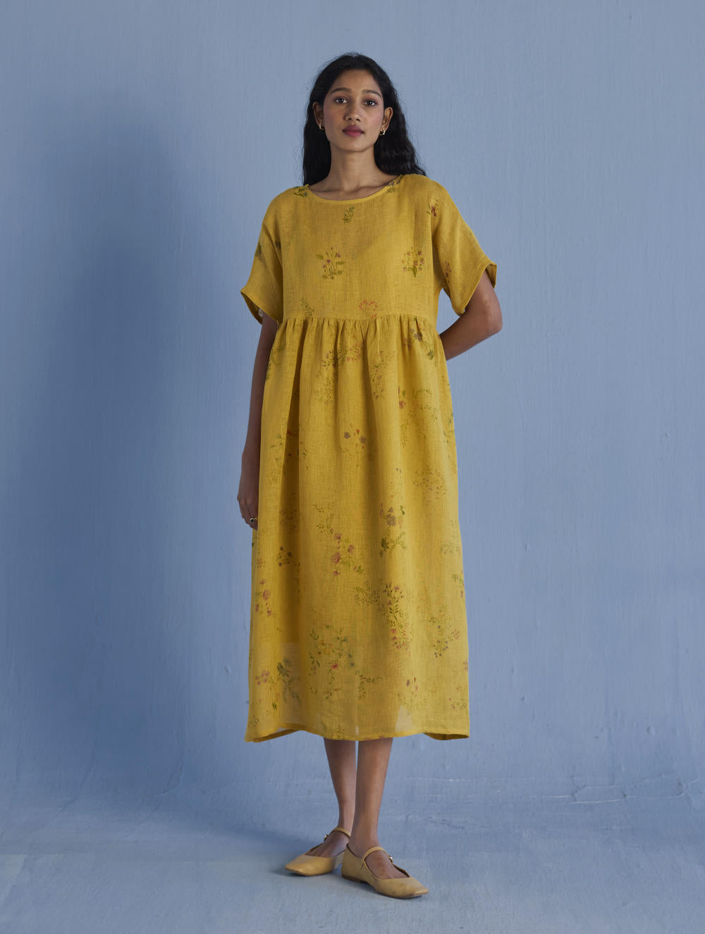 Uniko Pleated Floral Linen Dress - Ochre