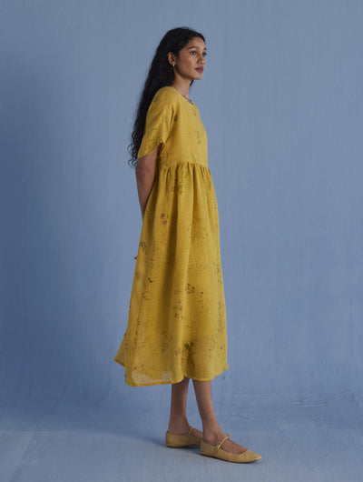 Uniko Pleated Floral Linen Dress - Ochre