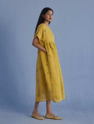 Uniko Pleated Floral Linen Dress - Ochre