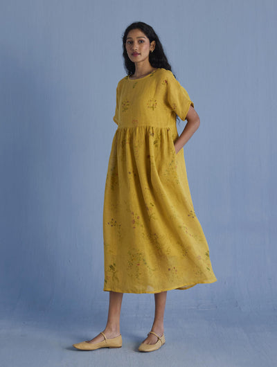 Uniko Pleated Floral Linen Dress - Ochre