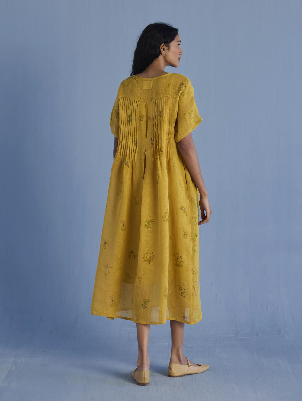 Uniko Pleated Floral Linen Dress - Ochre