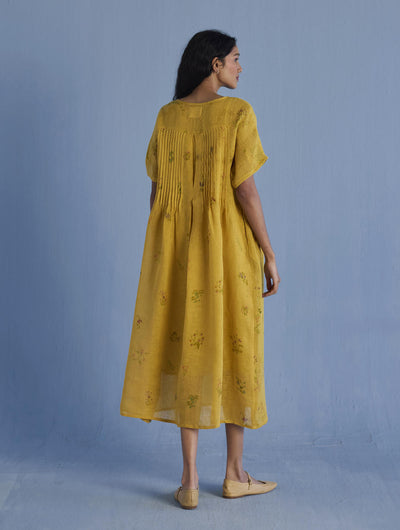 Uniko Pleated Floral Linen Dress - Ochre