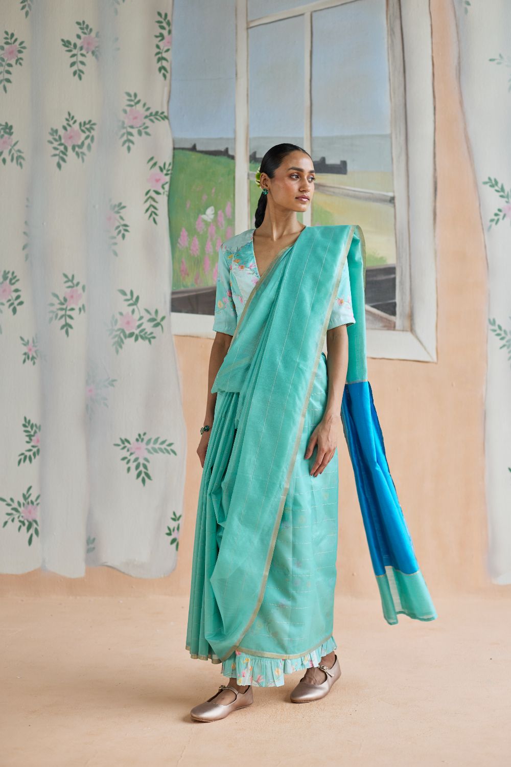 Aqua Scape Chanderi Sari