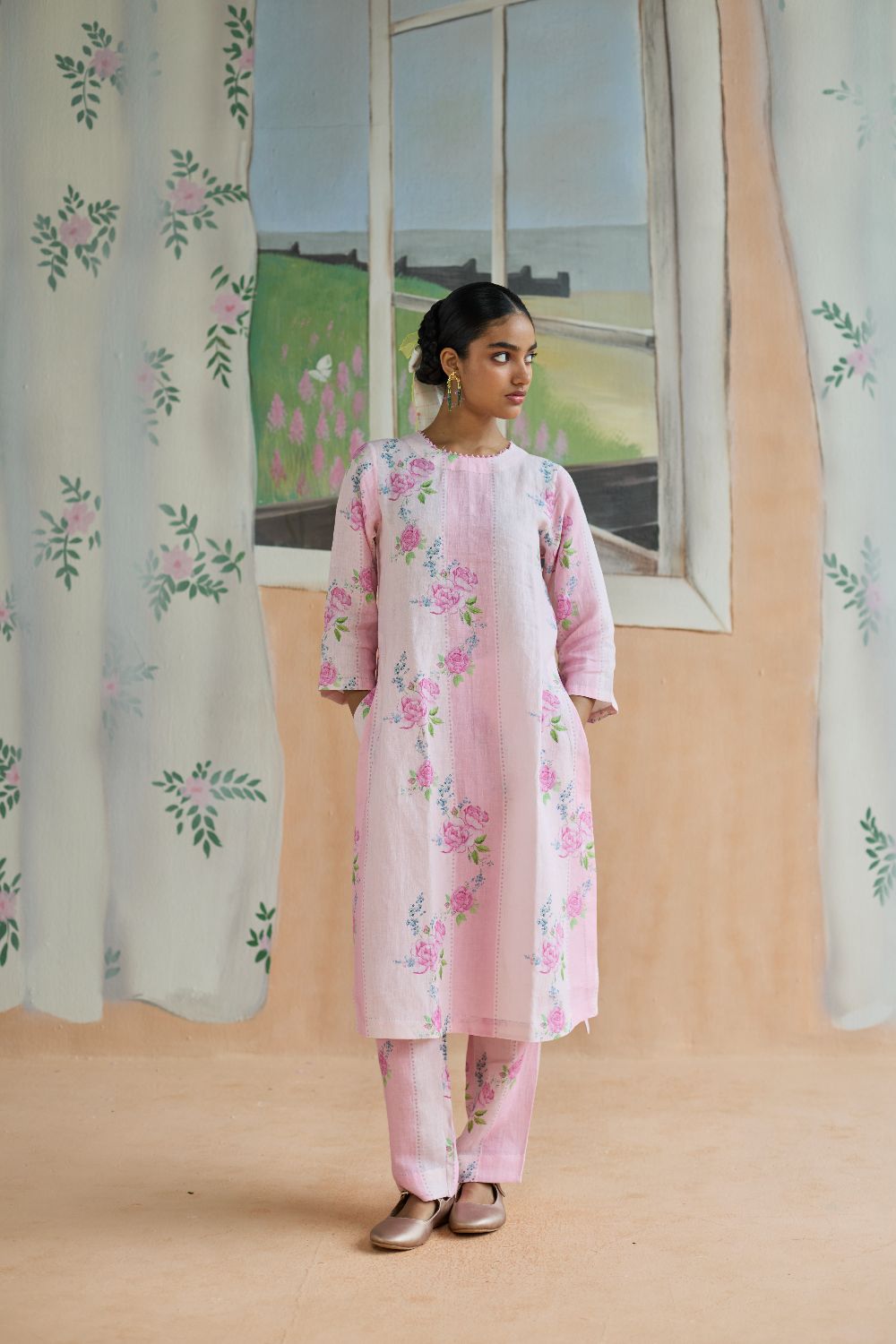 Rose Haze Long Kurta Set Linen