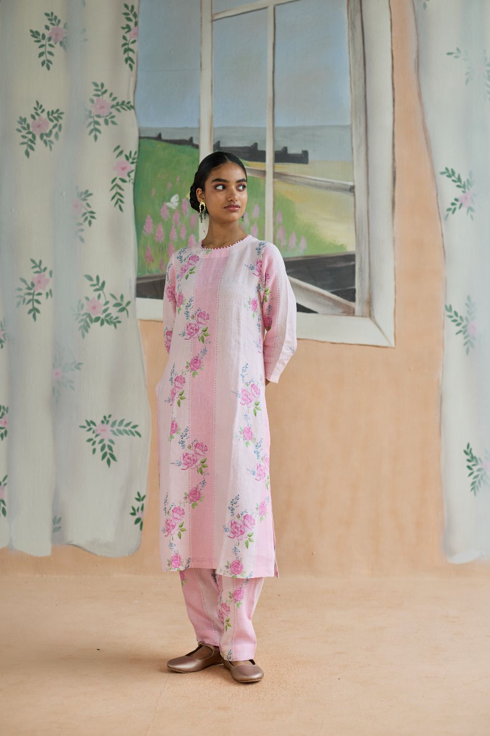 Rose Haze Long Kurta Set Linen