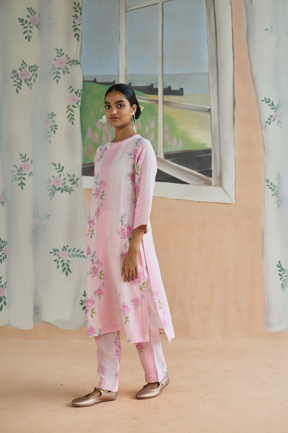 Rose Haze Long Kurta Set Linen