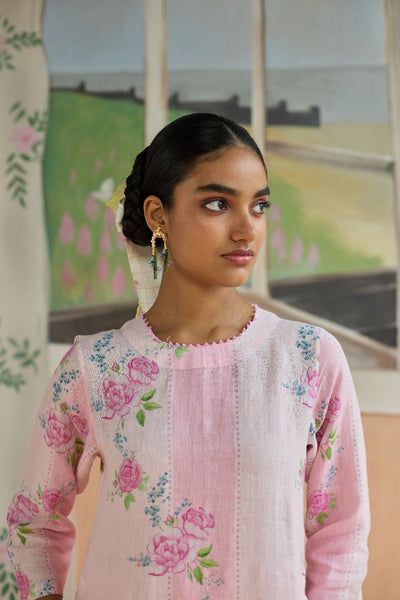 Rose Haze Long Kurta Set Linen