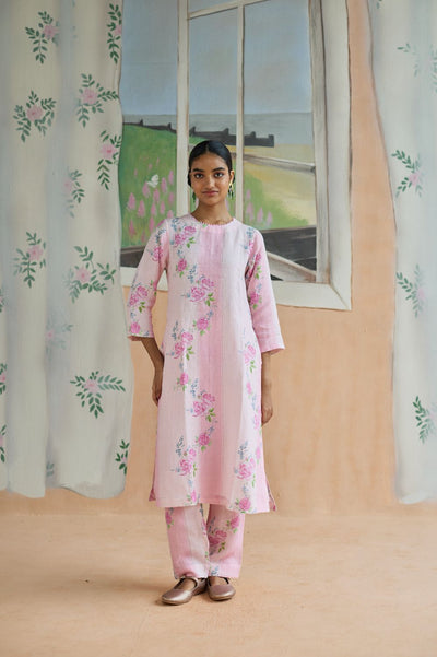 Rose Haze Long Kurta Set Linen