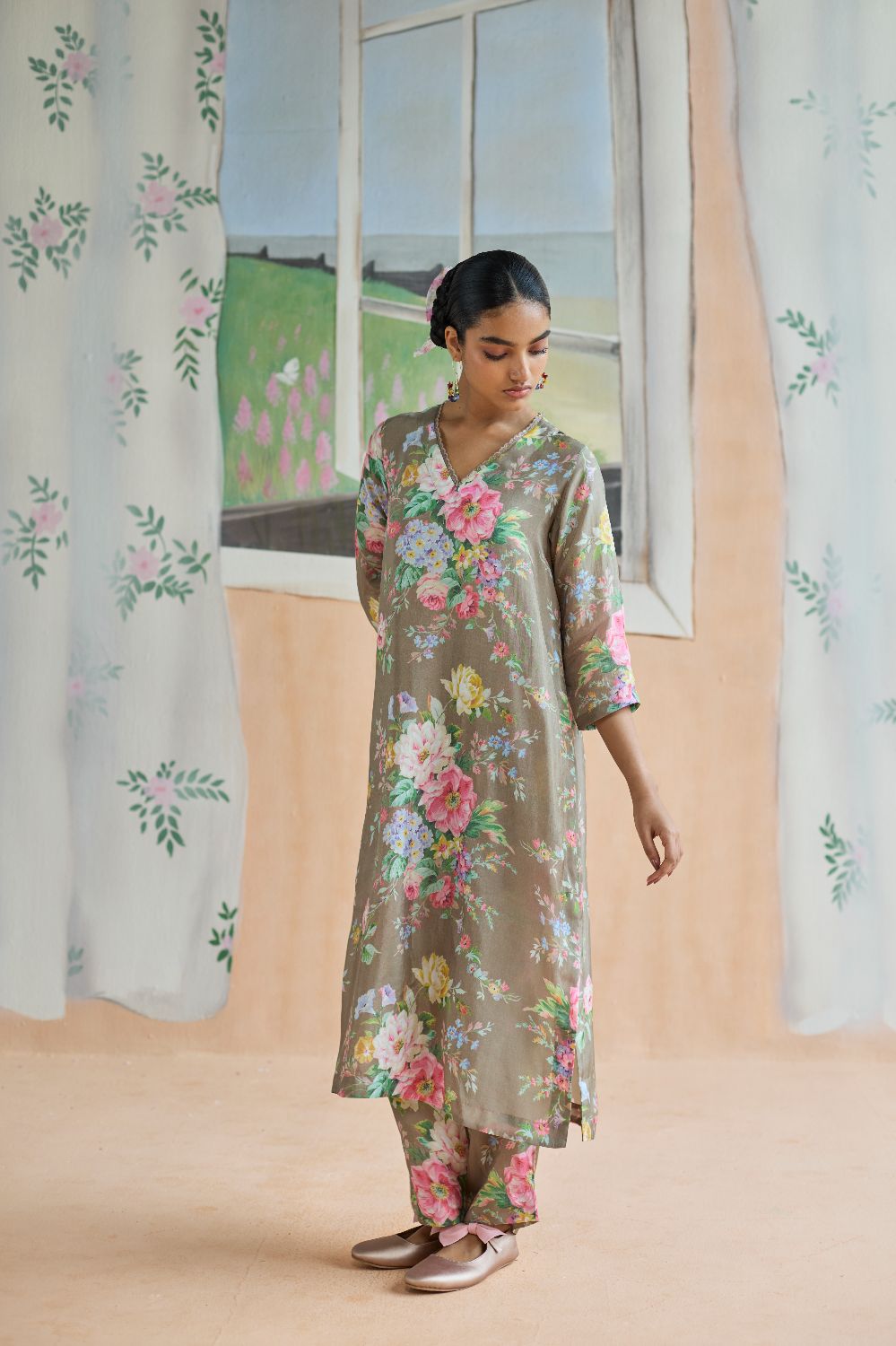 Mocha Long Kurta Set Bamboo Silk