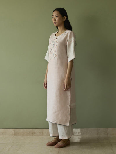 Vira Hand-Emboidered Linen Kurta Set-Blush