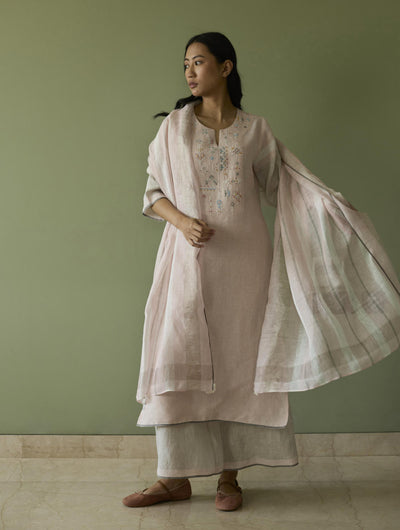 Vira Hand-Emboidered Linen Kurta Set-Blush