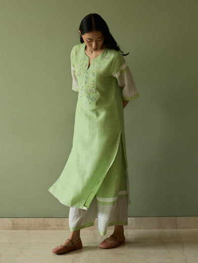Vira Hand-Emboidered Linen Kurta-Meadow