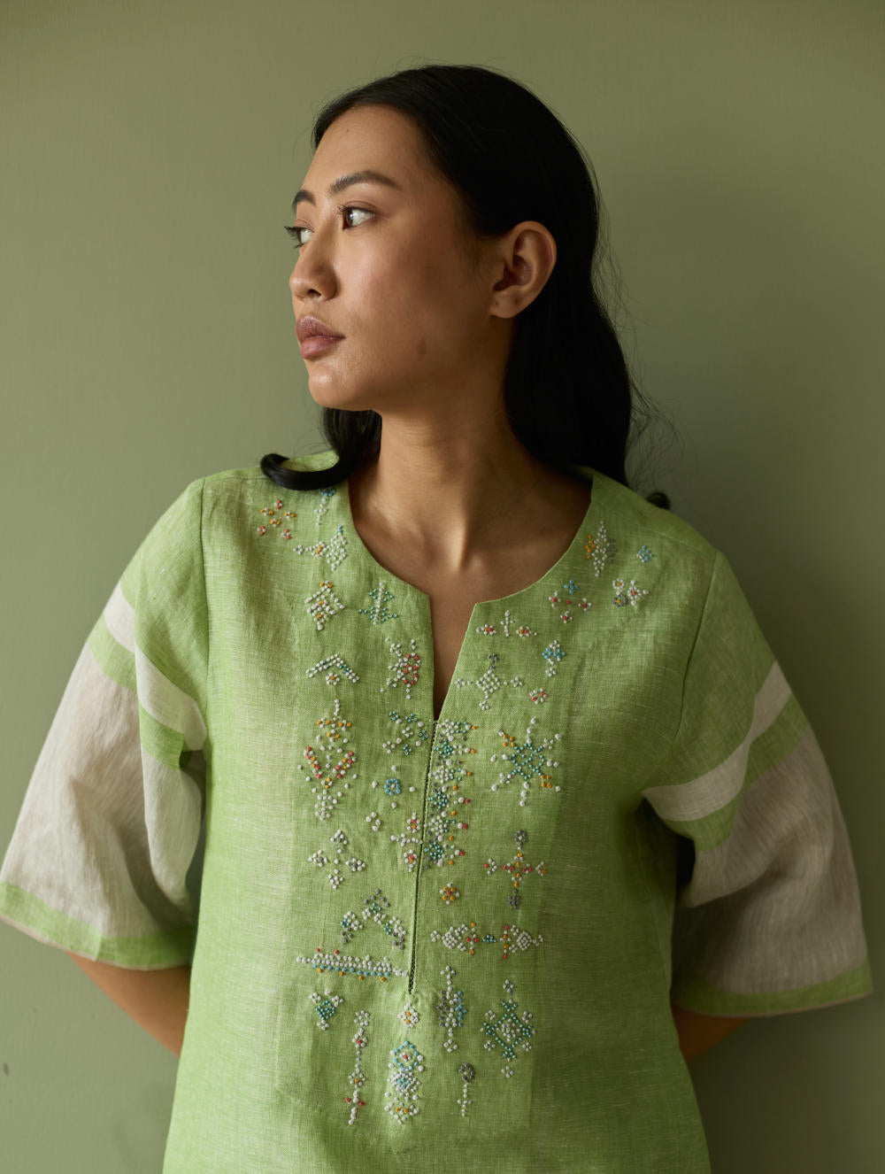 Vira Hand-Emboidered Linen Kurta-Meadow