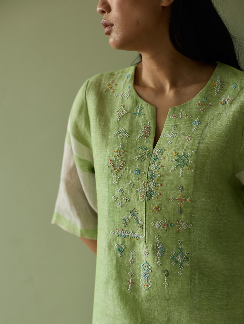 Vira Hand-Emboidered Linen Kurta-Meadow
