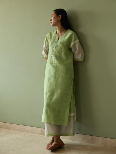 Vira Hand-Emboidered Linen Kurta-Meadow
