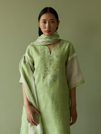 Vira Hand-Emboidered Linen Kurta-Meadow