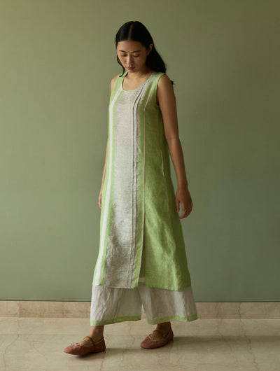 Yara Sleeveless Border Linen Kurta-Meadow