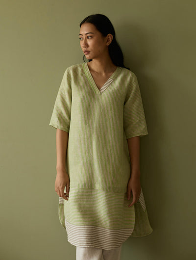 Jira Pleated Stripe Linen Kurta-Meadow
