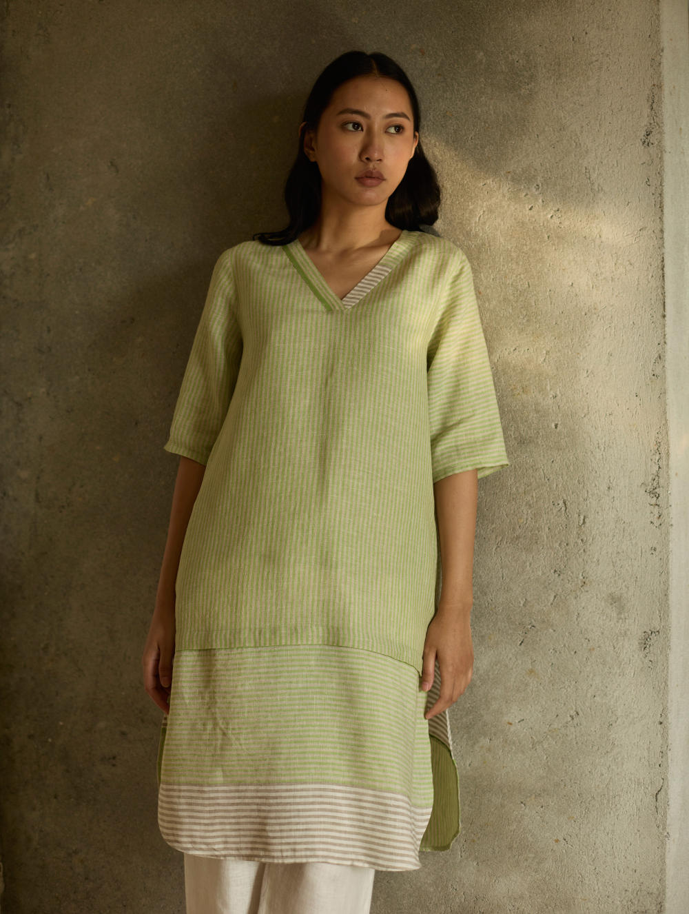 Jira Pleated Stripe Linen Kurta-Meadow
