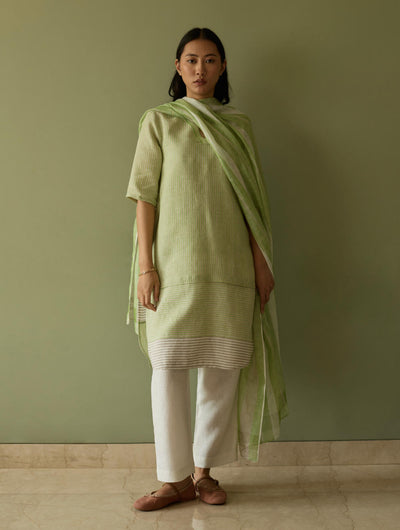 Jira Pleated Stripe Linen Kurta-Meadow