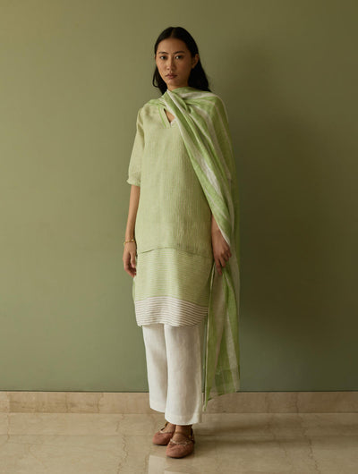 Jira Pleated Stripe Linen Kurta-Meadow