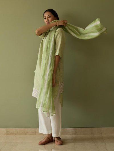 Jira Pleated Stripe Linen Kurta-Meadow