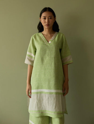 Iva Pleated Border Linen Kurta-Meadow