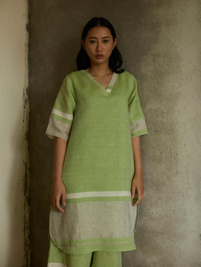 Iva Pleated Border Linen Kurta-Meadow