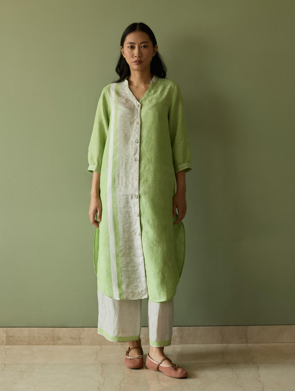 Mori Border Linen Shirt Kurta-Meadow