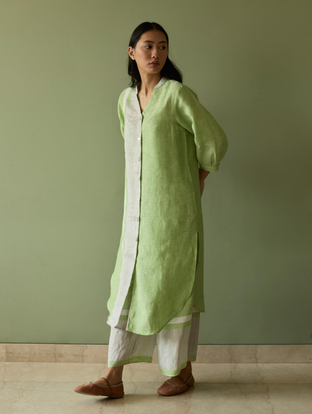 Mori Border Linen Shirt Kurta-Meadow