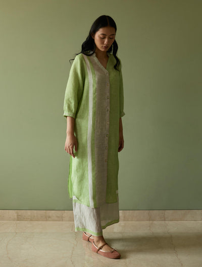 Mori Border Linen Shirt Kurta-Meadow