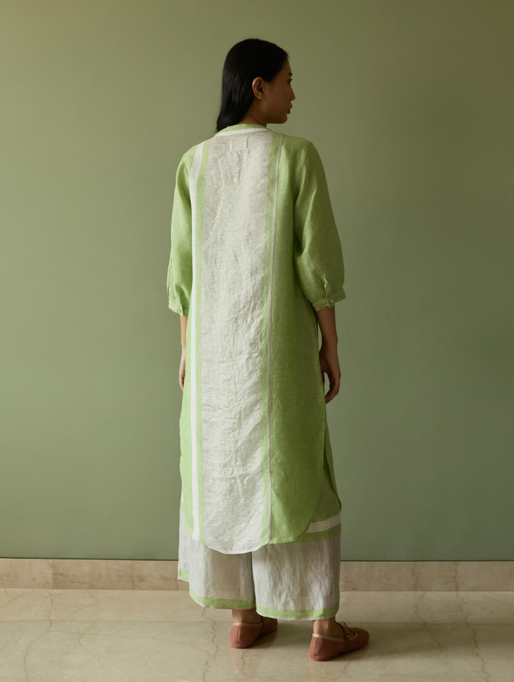 Mori Border Linen Shirt Kurta-Meadow