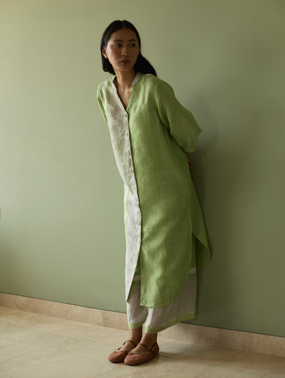 Mori Border Linen Shirt Kurta-Meadow