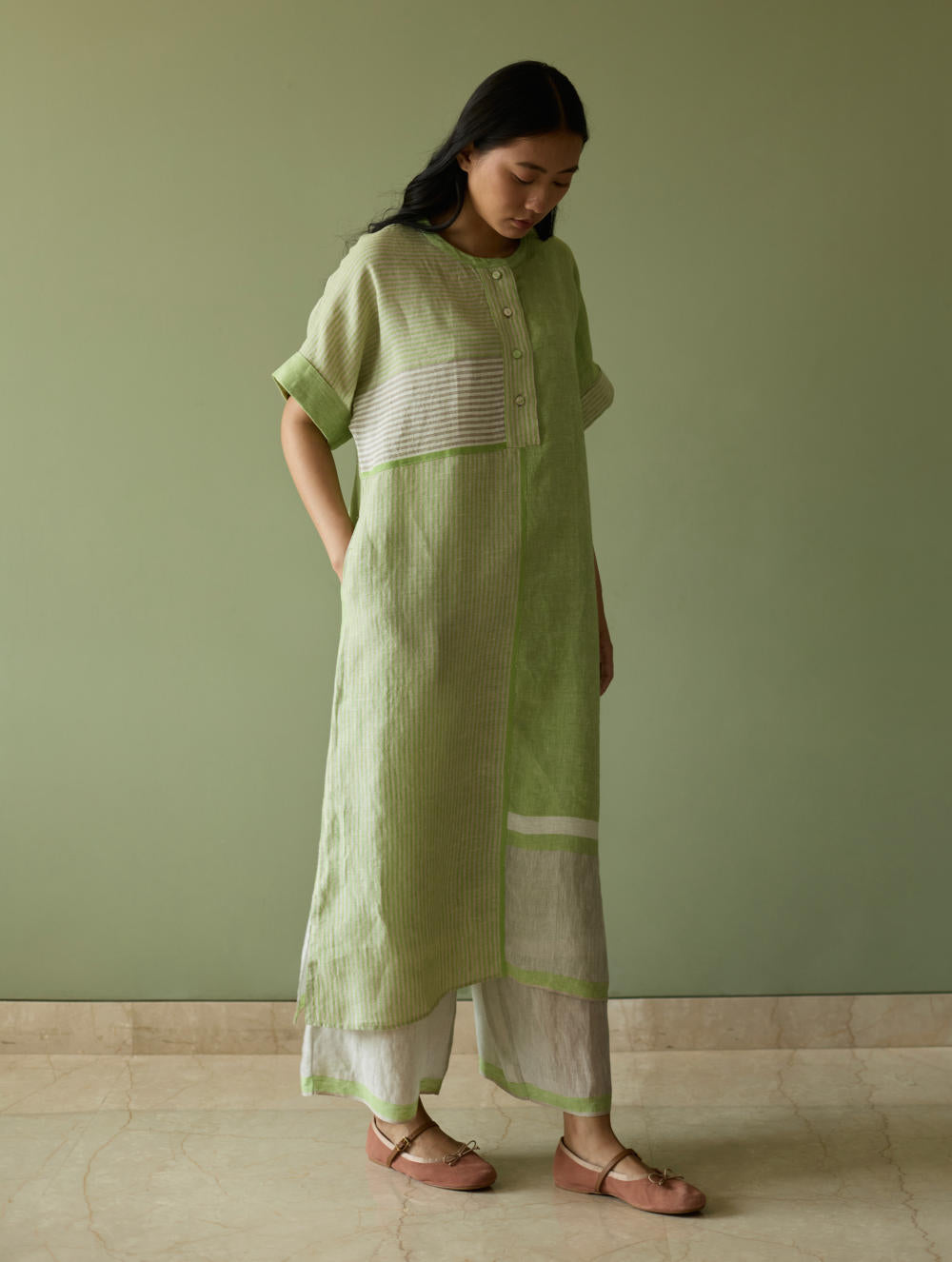 Pira Stripe Linen Tunic Kaftan-Meadow