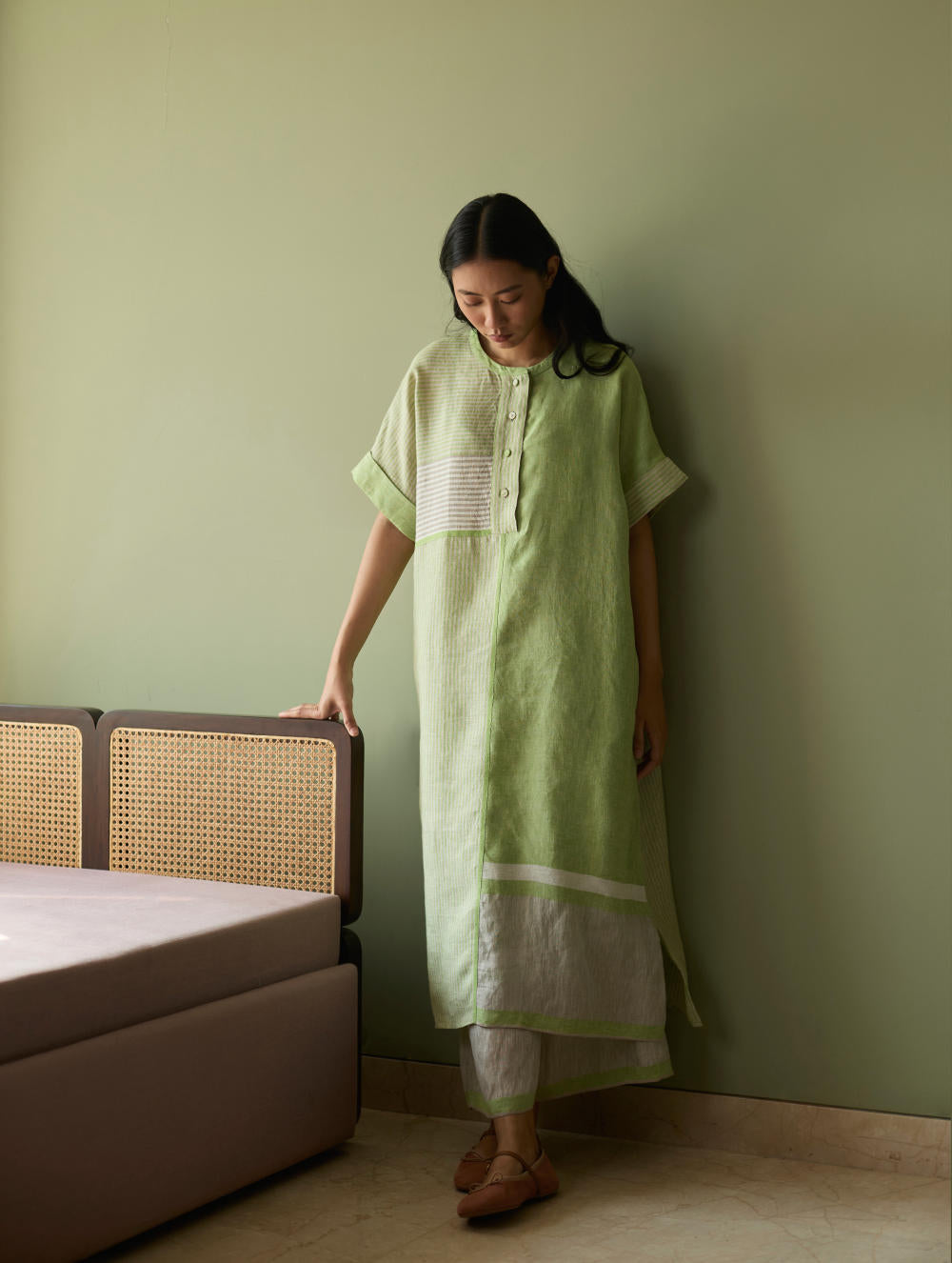 Pira Stripe Linen Tunic Kaftan-Meadow