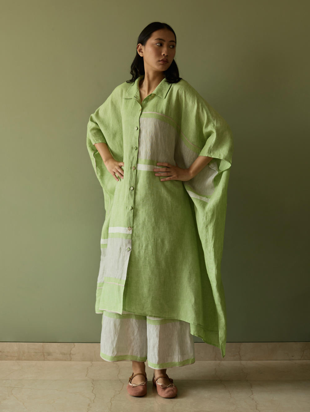 Bora Colour-Blocked Linen Kaftan-Meadow