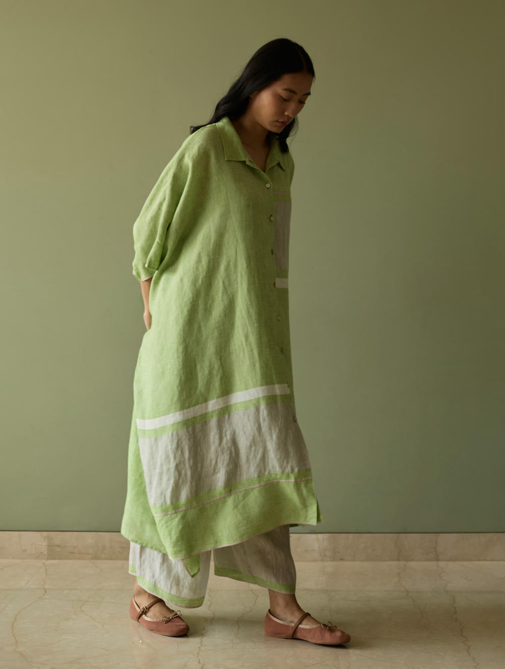 Bora Colour-Blocked Linen Kaftan-Meadow