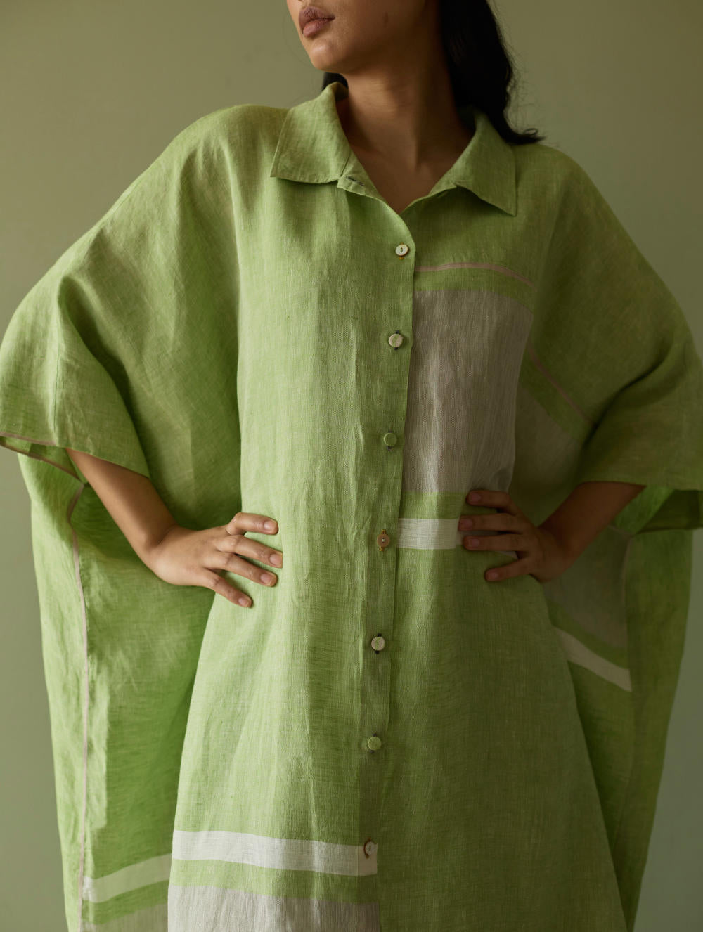 Bora Colour-Blocked Linen Kaftan-Meadow