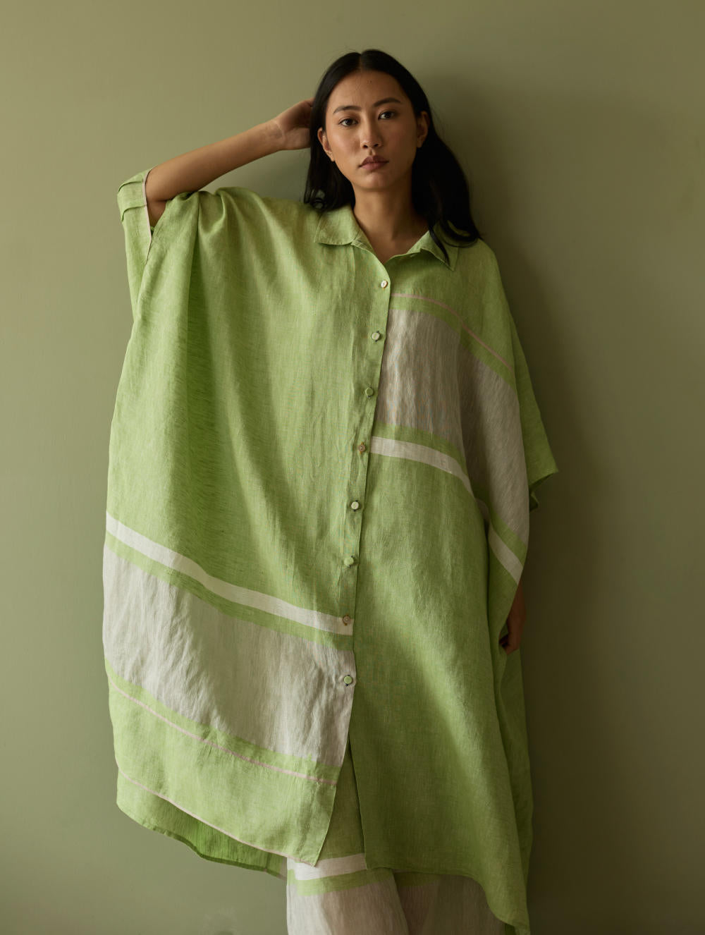 Bora Colour-Blocked Linen Kaftan-Meadow
