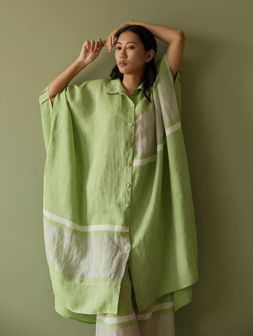 Bora Colour-Blocked Linen Kaftan-Meadow