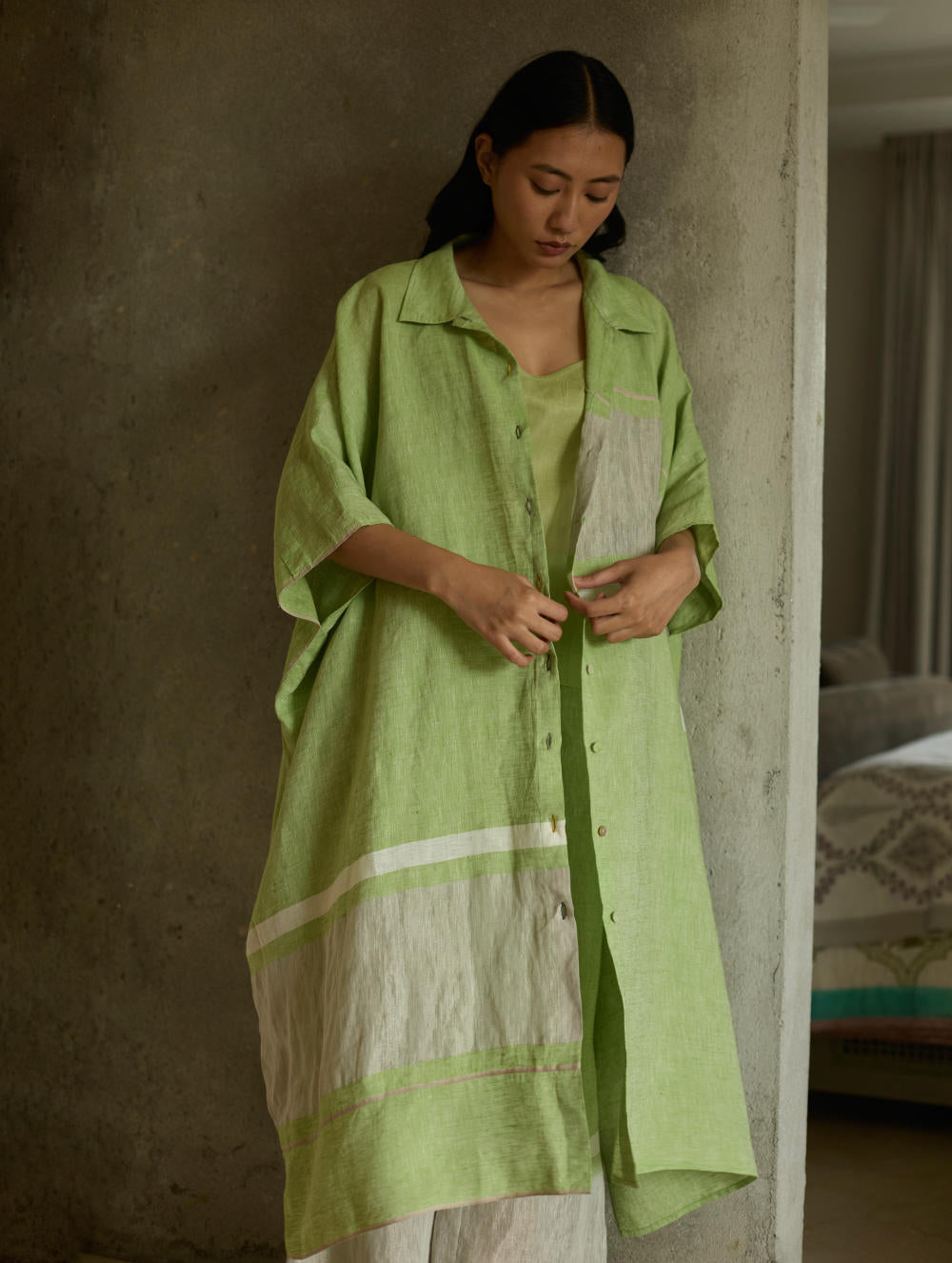 Bora Colour-Blocked Linen Kaftan-Meadow